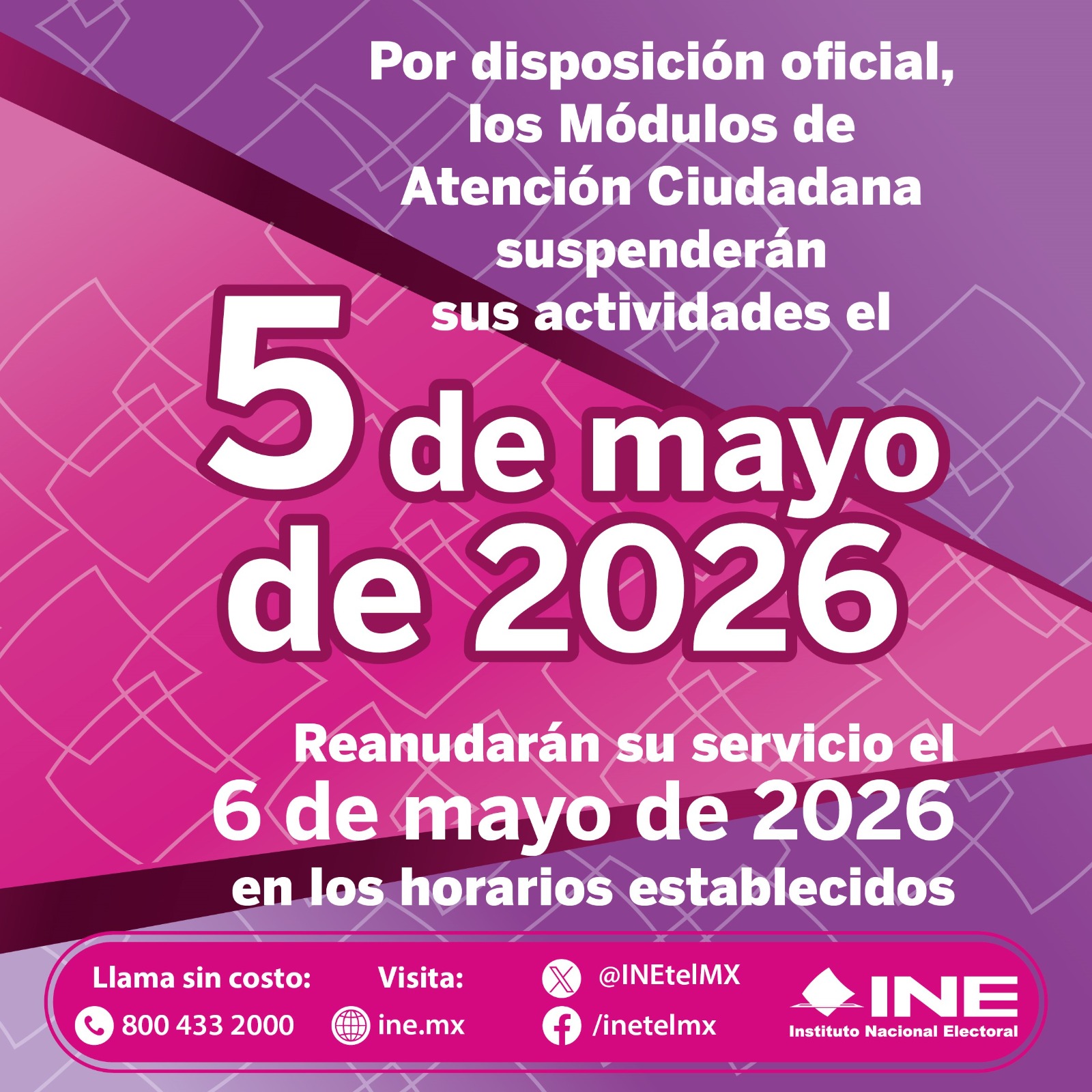 Viernes 1 y martes 5 de mayo se suspenden servicios en los Módulos de Atención Ciudadana del INE